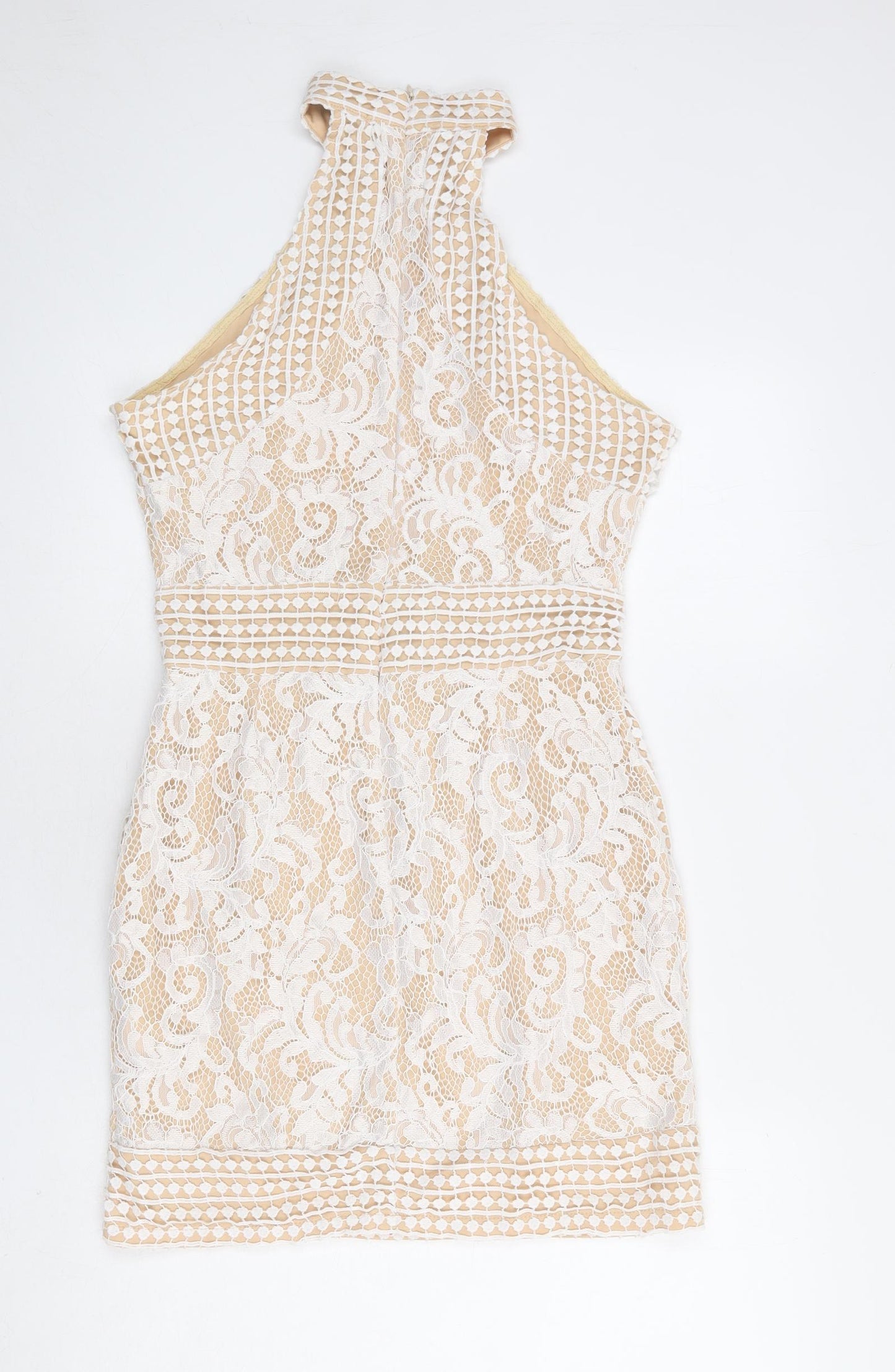 PRETTYLITTLETHING Womens Beige Polyester Bodycon Size 12 Halter Zip - Lace Overlay