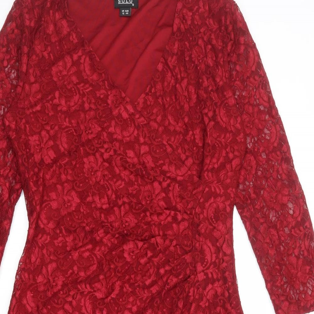 Solo Womens Red Floral Nylon Shift Size 12 V-Neck Pullover