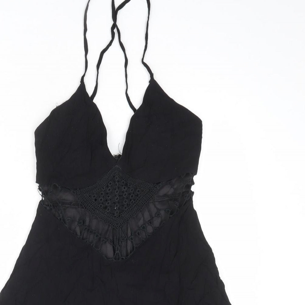 Missguided Womens Black Polyester Mini Size 8 V-Neck Zip - Crochet Detail