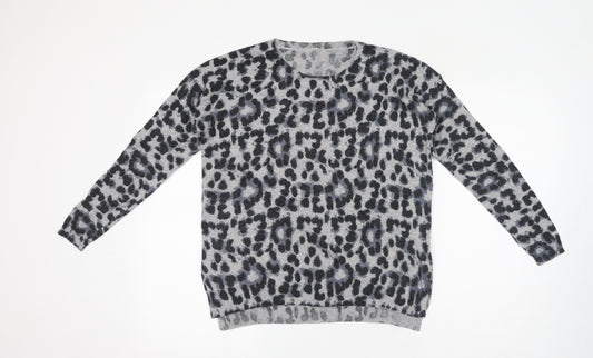 New Look Womens Grey Round Neck Animal Print Viscose Pullover Jumper Size 10 - Leopard Print