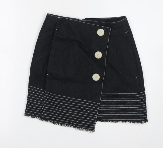 Mango Womens Black Striped Cotton Wrap Skirt Size 6 Zip