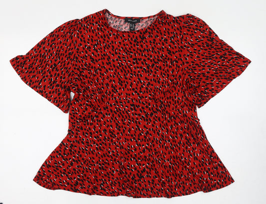 New Look Womens Red Geometric Viscose Basic Blouse Size 14 Round Neck
