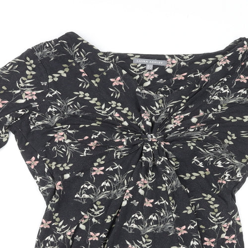 Laura Ashley Womens Black Floral Viscose Basic T-Shirt Size 14 V-Neck