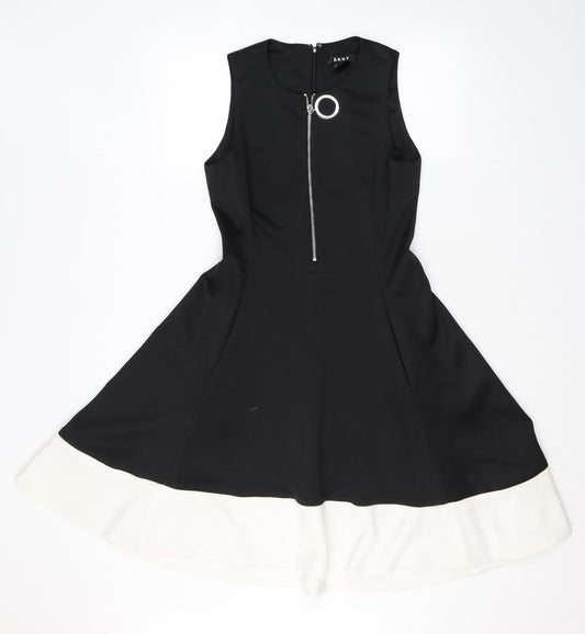 DKNY Womens Black Colourblock Polyester Skater Dress Size 10 Crew Neck Zip