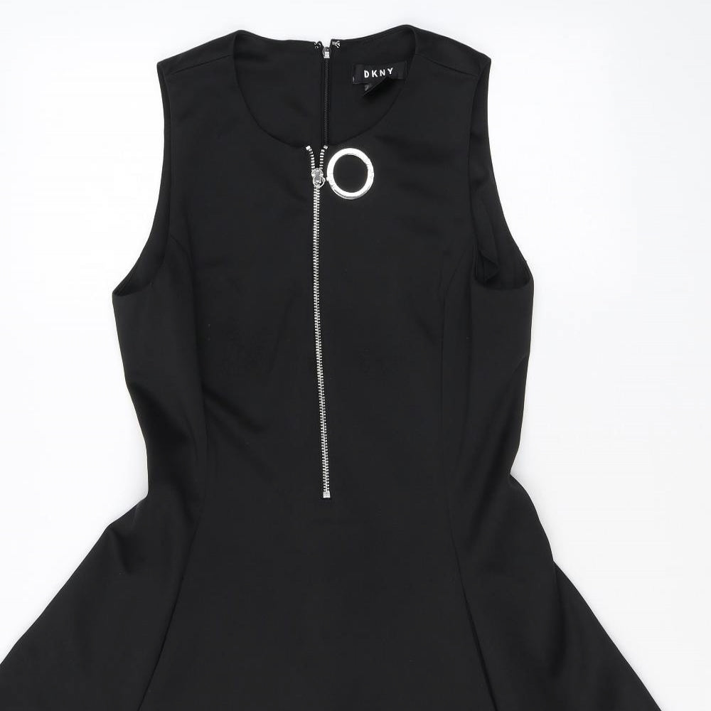 DKNY Womens Black Colourblock Polyester Skater Dress Size 10 Crew Neck Zip