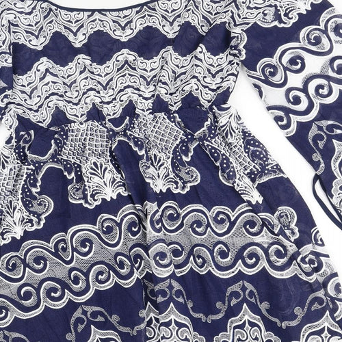 Boohoo Womens Blue Geometric Cotton Basic Blouse Size 12 V-Neck - Cold Shoulder