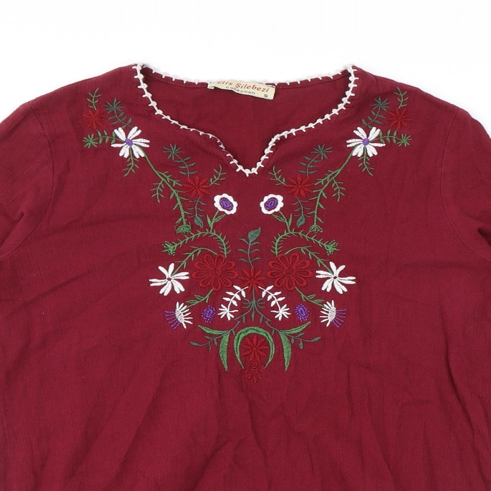 Elis Silebezi Womens Red Polyester Basic T-Shirt Size S Round Neck - Embroidered Flowers