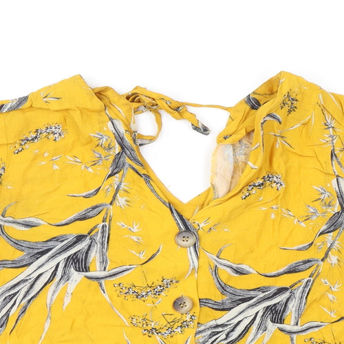 Warehouse Womens Yellow Floral Viscose Basic Button-Up Size 12 V-Neck