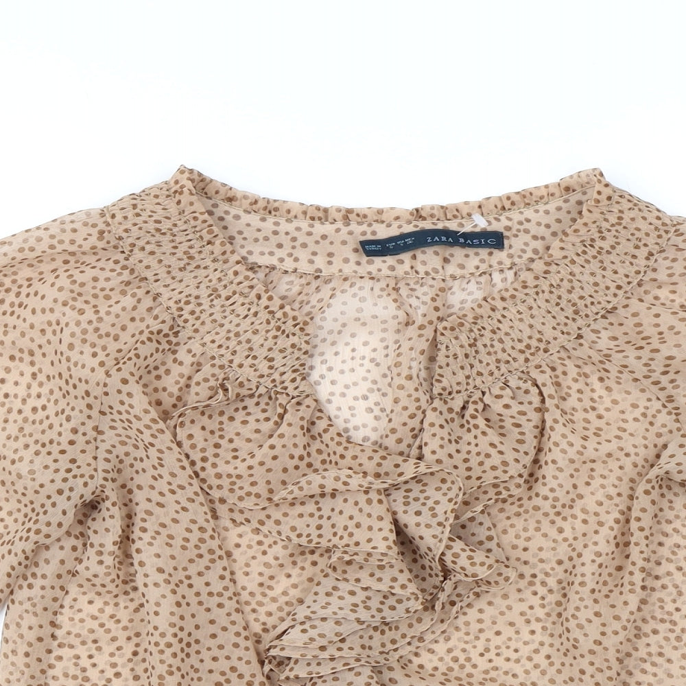 Zara Womens Brown Geometric Polyester Basic Blouse Size S V-Neck