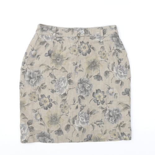 Patsy Seddon Womens Beige Floral Linen A-Line Skirt Size 14 Zip
