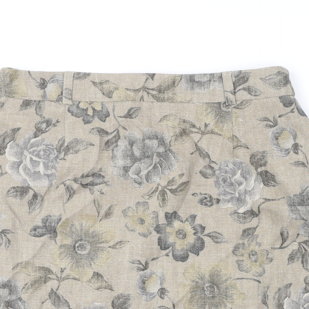 Patsy Seddon Womens Beige Floral Linen A-Line Skirt Size 14 Zip