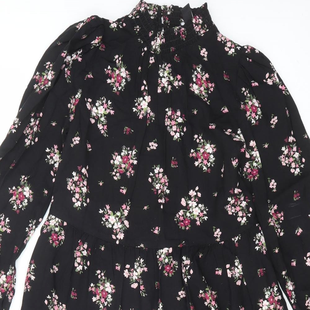 New Look Womens Black Floral Viscose A-Line Size 8 Mock Neck Button