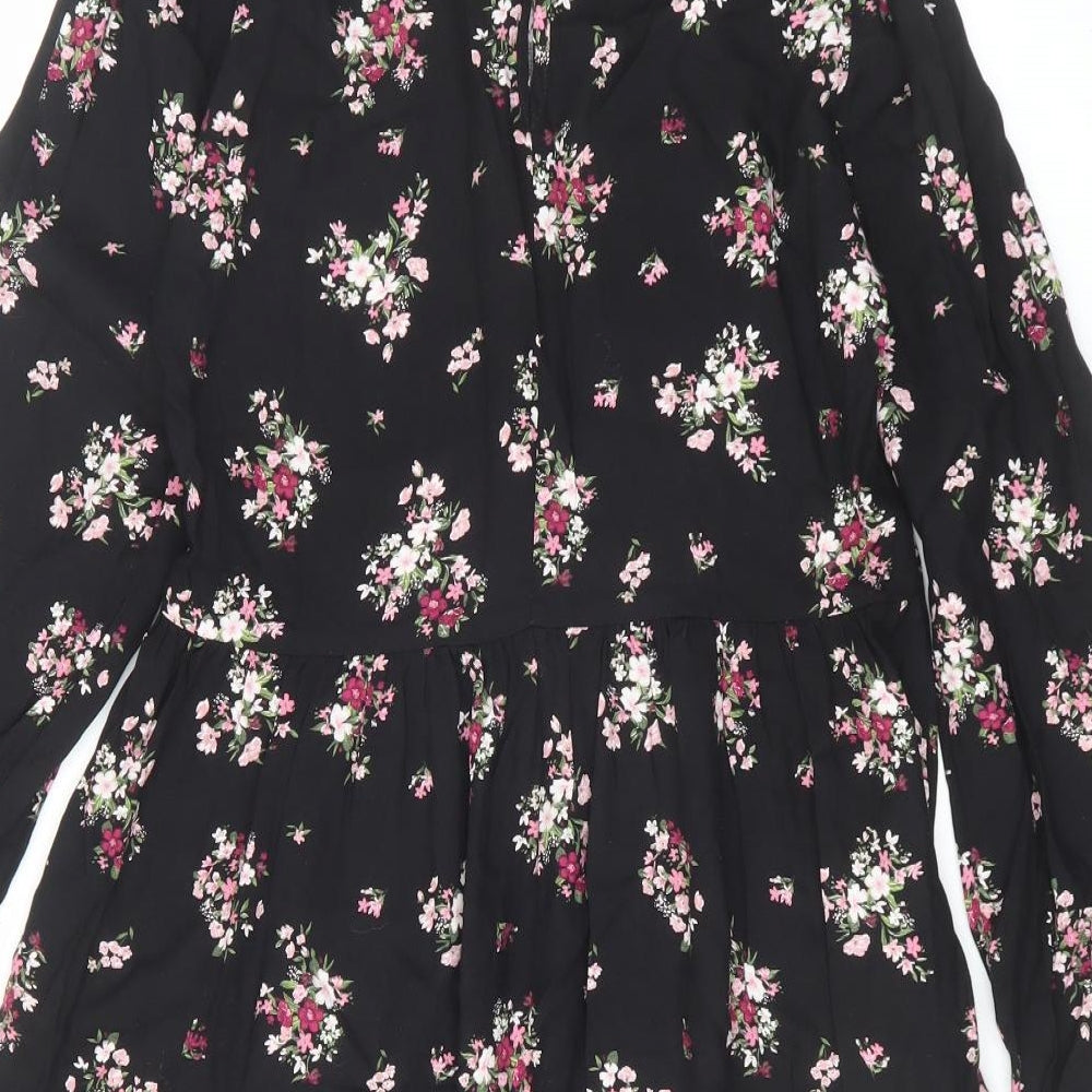 New Look Womens Black Floral Viscose A-Line Size 8 Mock Neck Button