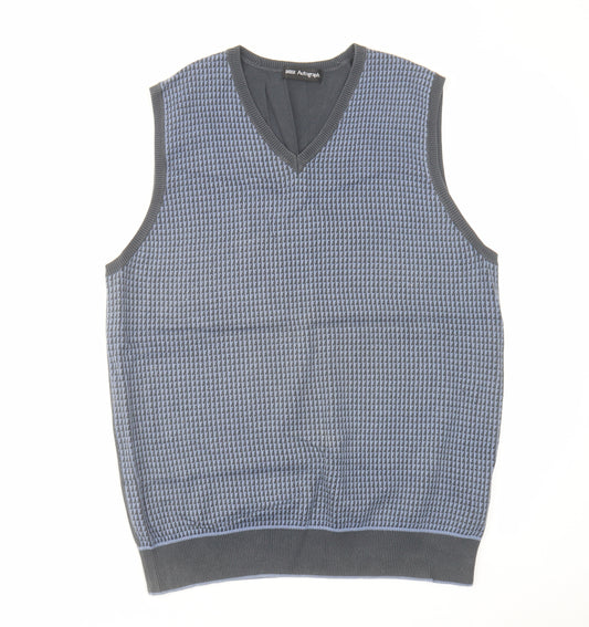 Autograph Mens Blue V-Neck Geometric Cotton Vest Jumper Size M Sleeveless