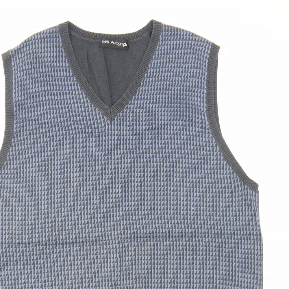 Autograph Mens Blue V-Neck Geometric Cotton Vest Jumper Size M Sleeveless