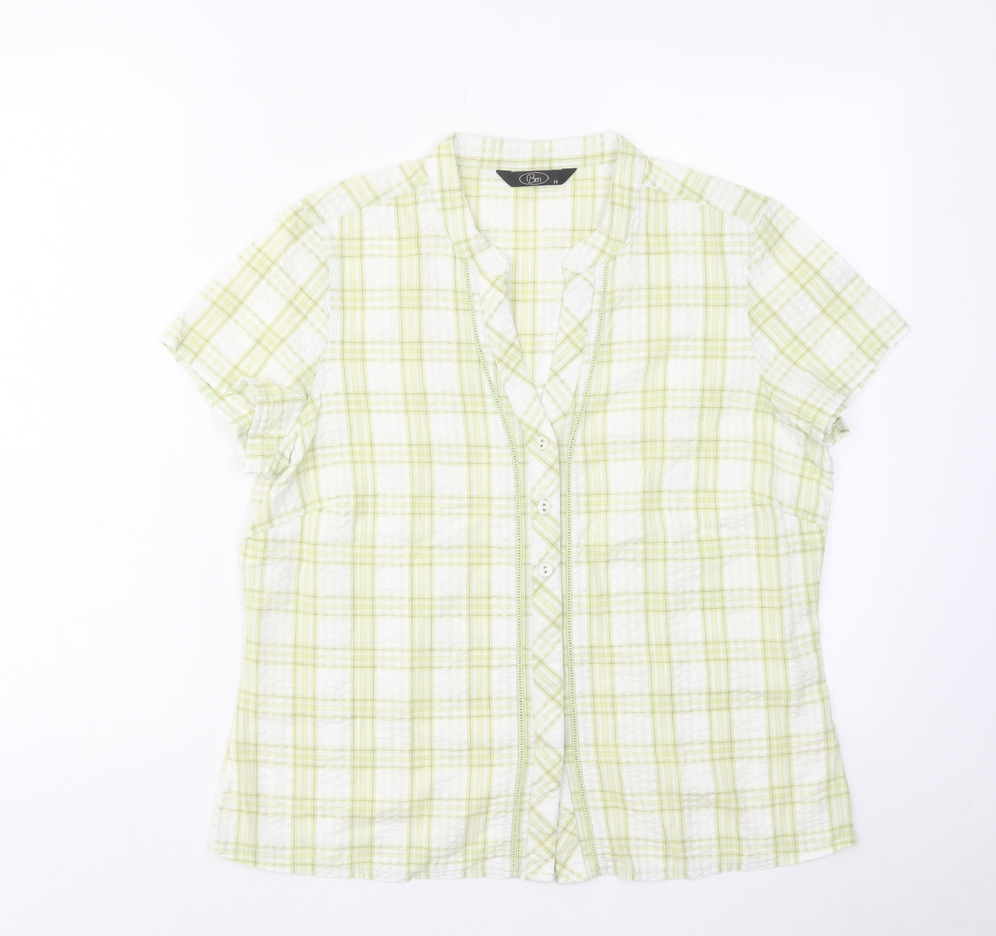 Bonmarché Womens Green Check Cotton Basic Blouse Size 14 V-Neck