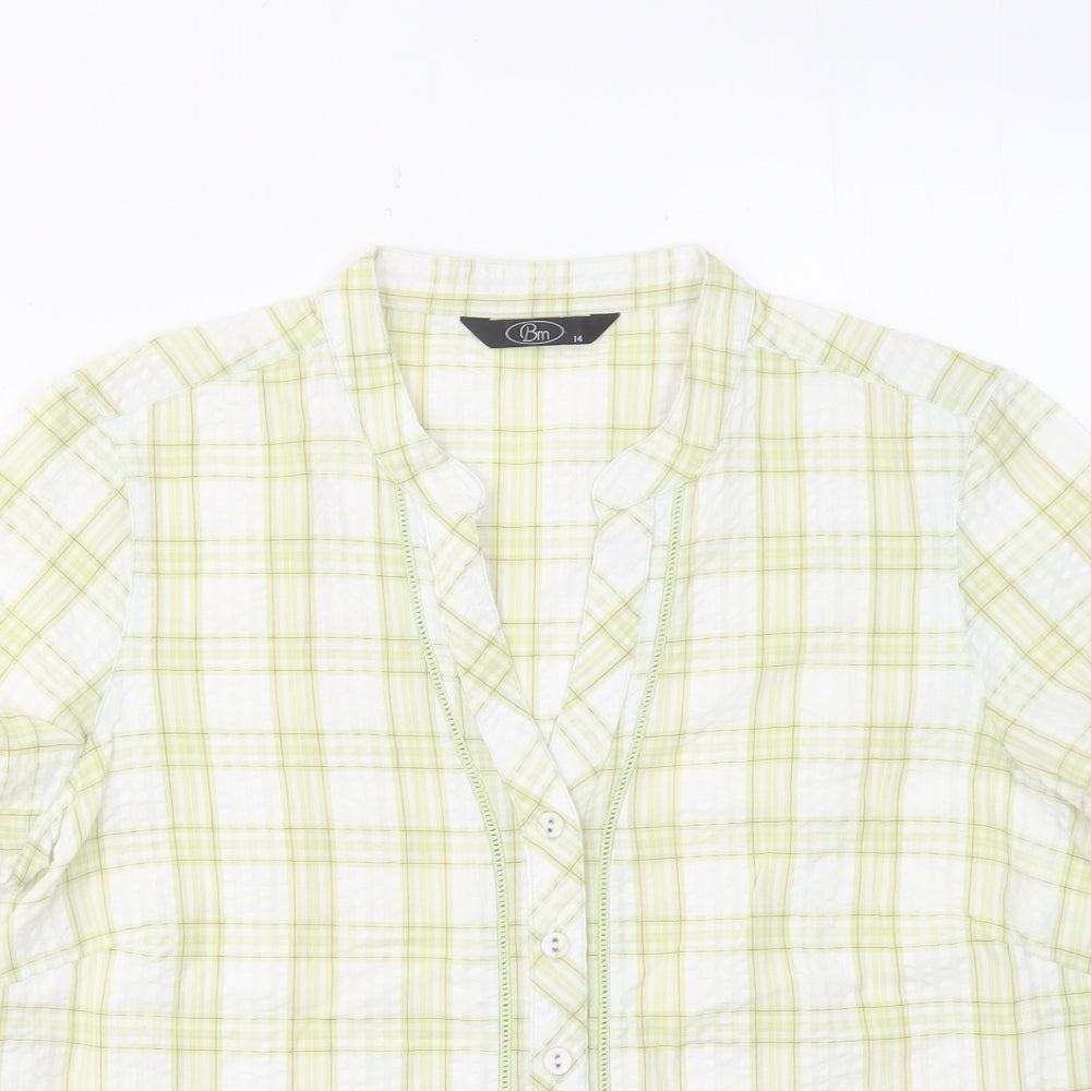 Bonmarché Womens Green Check Cotton Basic Blouse Size 14 V-Neck