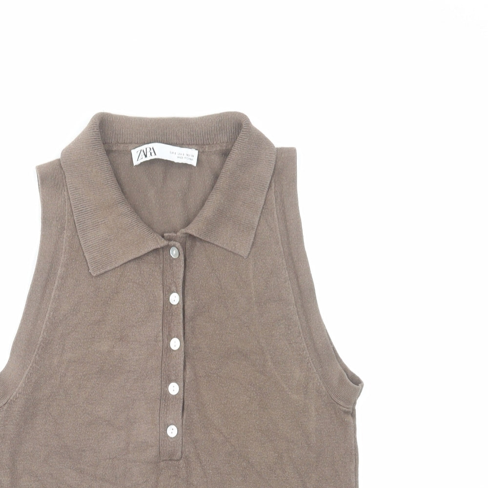 Zara Womens Brown Collared Acrylic Vest Jumper Size S