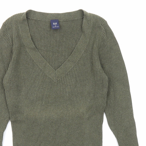 Gap Womens Green V-Neck Cotton Pullover Jumper Size M - Ribbed