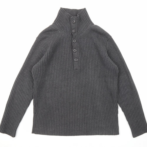 French Connection Mens Grey Mock Neck Cotton Henley Jumper Size M Long Sleeve - Elbow patches