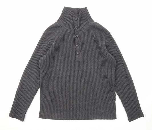 French Connection Mens Grey Mock Neck Cotton Henley Jumper Size M Long Sleeve - Elbow patches
