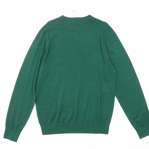 Uniqlo Mens Green Crew Neck Wool Pullover Jumper Size M Long Sleeve