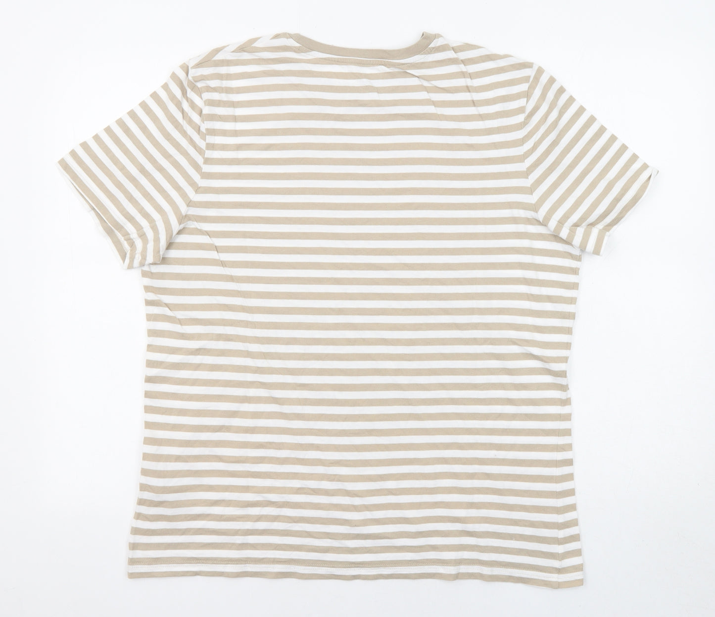 Marks and Spencer Mens Beige Striped Cotton T-Shirt Size L Crew Neck