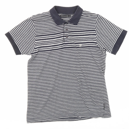 French Connection Mens Black Striped Cotton Polo Size M Collared Button