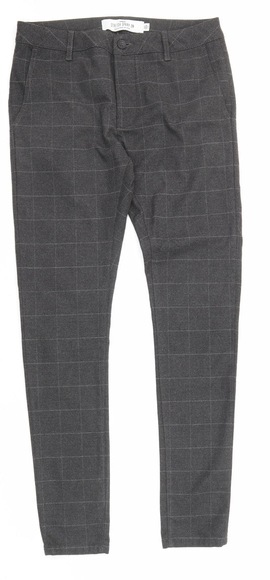 Topman Mens Grey Check Polyester Carrot Trousers Size 34 in L34 in Regular Zip