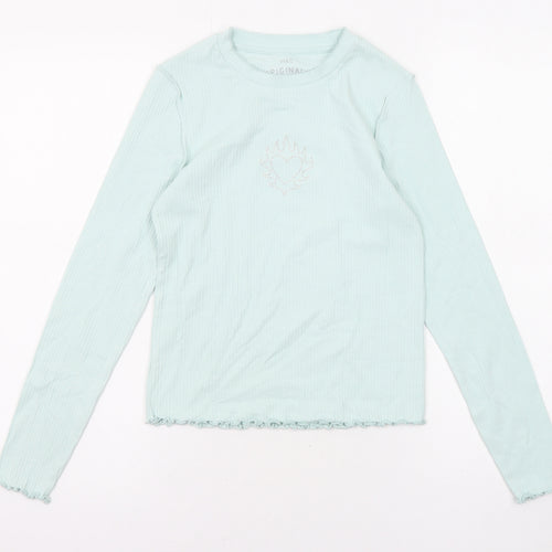 Marks and Spencer Girls Green Cotton Basic T-Shirt Size 11-12 Years Round Neck Pullover