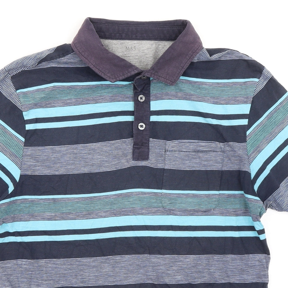 Marks and Spencer Mens Blue Striped Cotton Polo Size M Collared Button