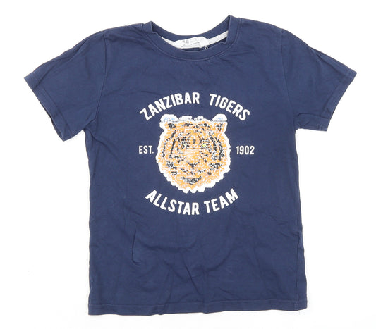 H&M Boys Blue 100% Cotton Basic T-Shirt Size 6 Years Round Neck Pullover - Size 6-8 Years Zanzibar Tigers