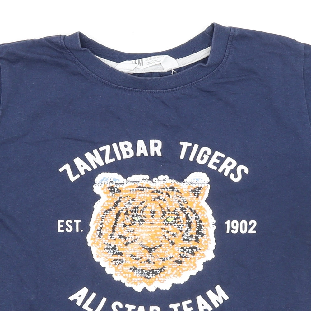 H&M Boys Blue 100% Cotton Basic T-Shirt Size 6 Years Round Neck Pullover - Size 6-8 Years Zanzibar Tigers