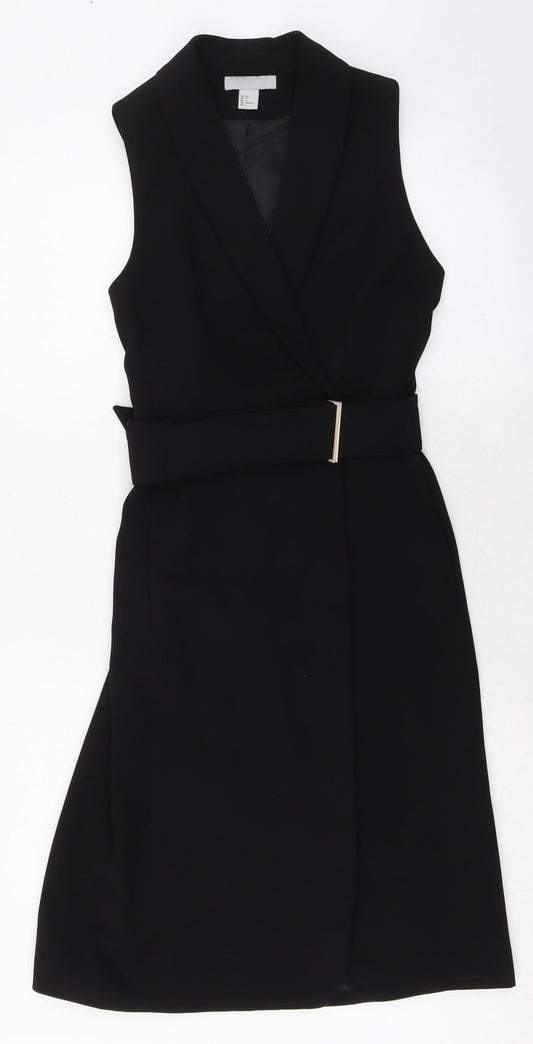 H&M Womens Black Polyester Sheath Size 8 V-Neck Buckle