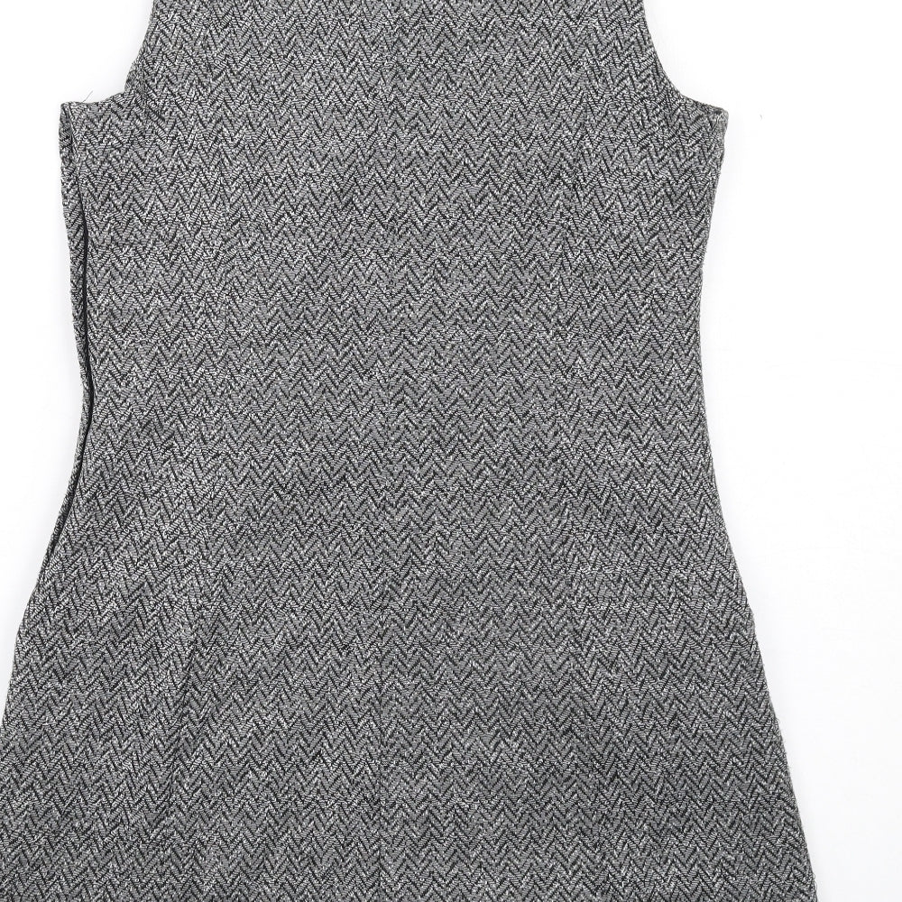 NEXT Womens Grey Herringbone Acrylic Pinafore/Dungaree Dress Size 14 Round Neck Zip