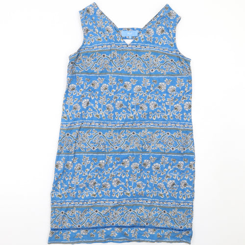 NEXT Womens Blue Geometric Linen A-Line Size 10 V-Neck Pullover
