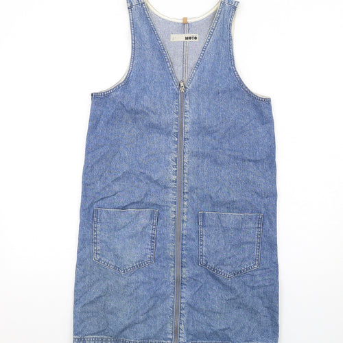 Topshop Womens Blue Cotton Pinafore/Dungaree Dress Size 8 V-Neck Zip