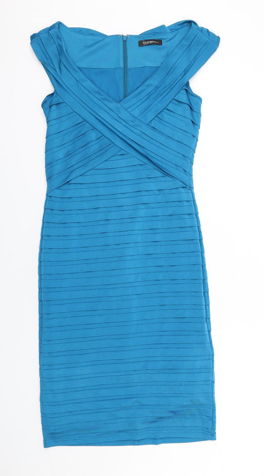 Teatro Womens Blue Polyester Pencil Dress Size 10 V-Neck Zip - Textured