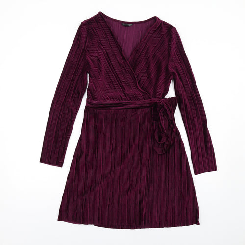 Topshop Womens Purple Polyester Wrap Dress Size 12 V-Neck Tie - Plisse