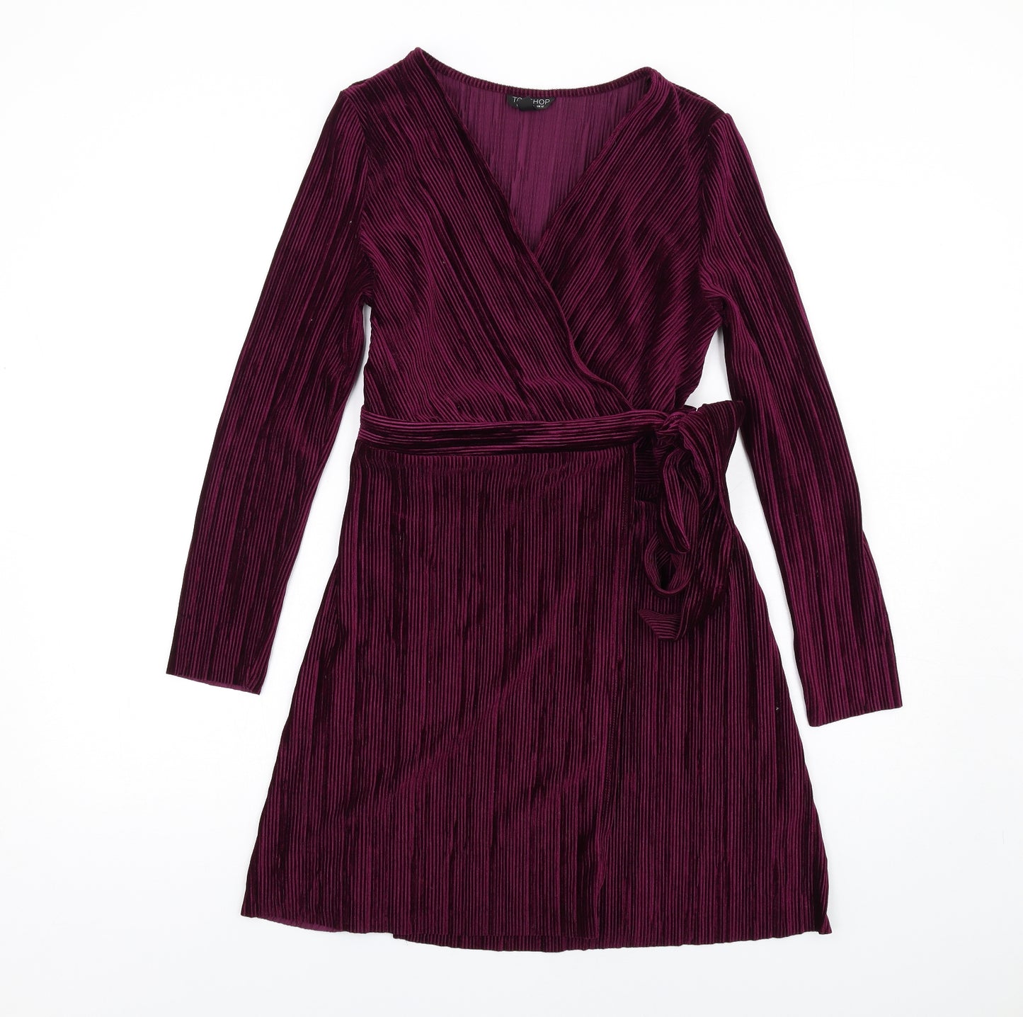 Topshop Womens Purple Polyester Wrap Dress Size 12 V-Neck Tie - Plisse