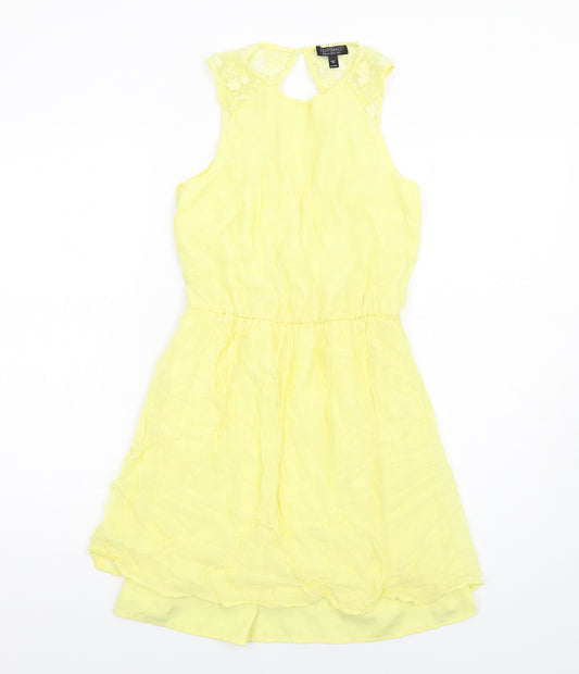 Topshop Womens Yellow Cupro Fit & Flare Size 8 Round Neck Button