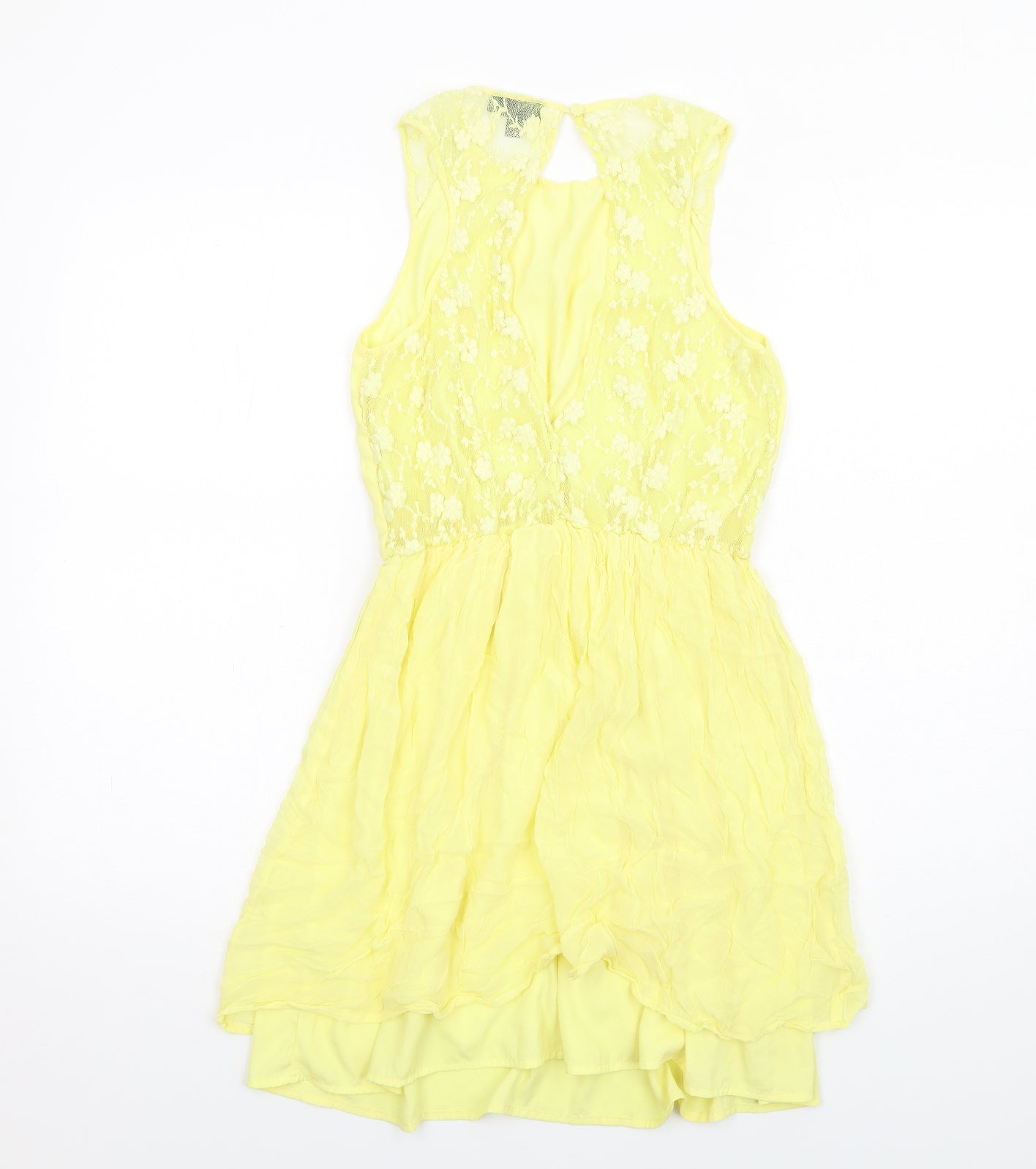 Topshop Womens Yellow Cupro Fit & Flare Size 8 Round Neck Button