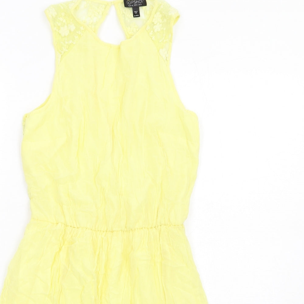 Topshop Womens Yellow Cupro Fit & Flare Size 8 Round Neck Button