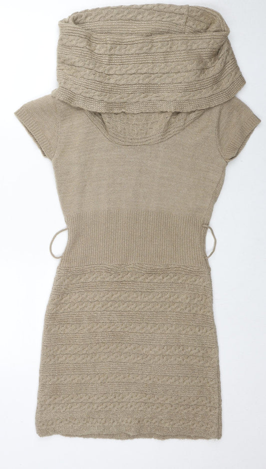 Pout Womens Beige Acrylic Jumper Dress Size M Roll Neck Pullover - Size S-M