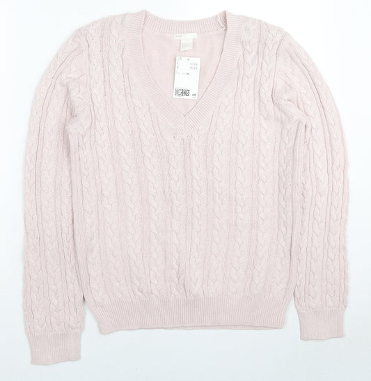 H&M Womens Pink V-Neck Acrylic Pullover Jumper Size M