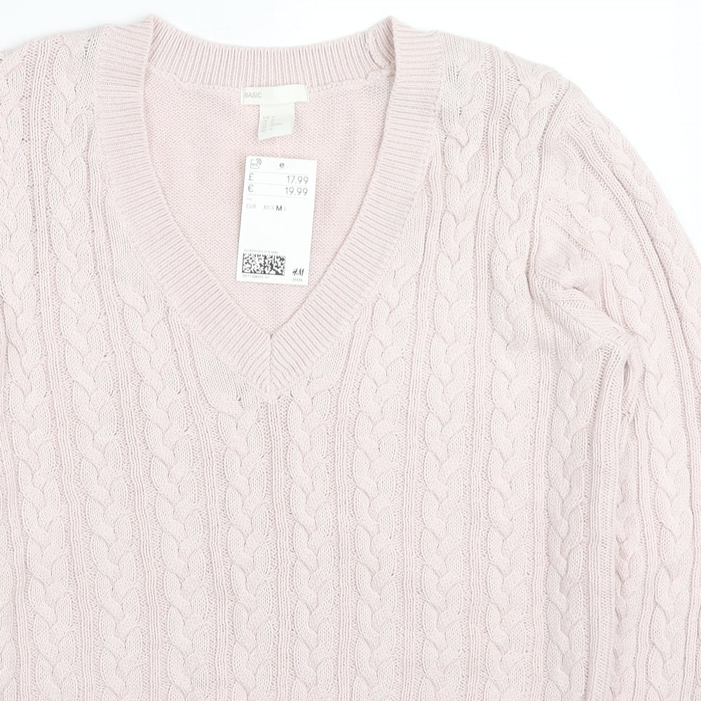 H&M Womens Pink V-Neck Acrylic Pullover Jumper Size M