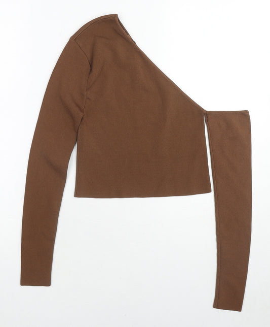 Zara Womens Brown V-Neck Polyamide Pullover Jumper Size M - One Shoulder