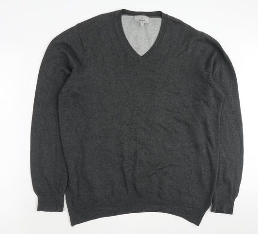 Marks and Spencer Mens Grey V-Neck Cotton Pullover Jumper Size L Long Sleeve