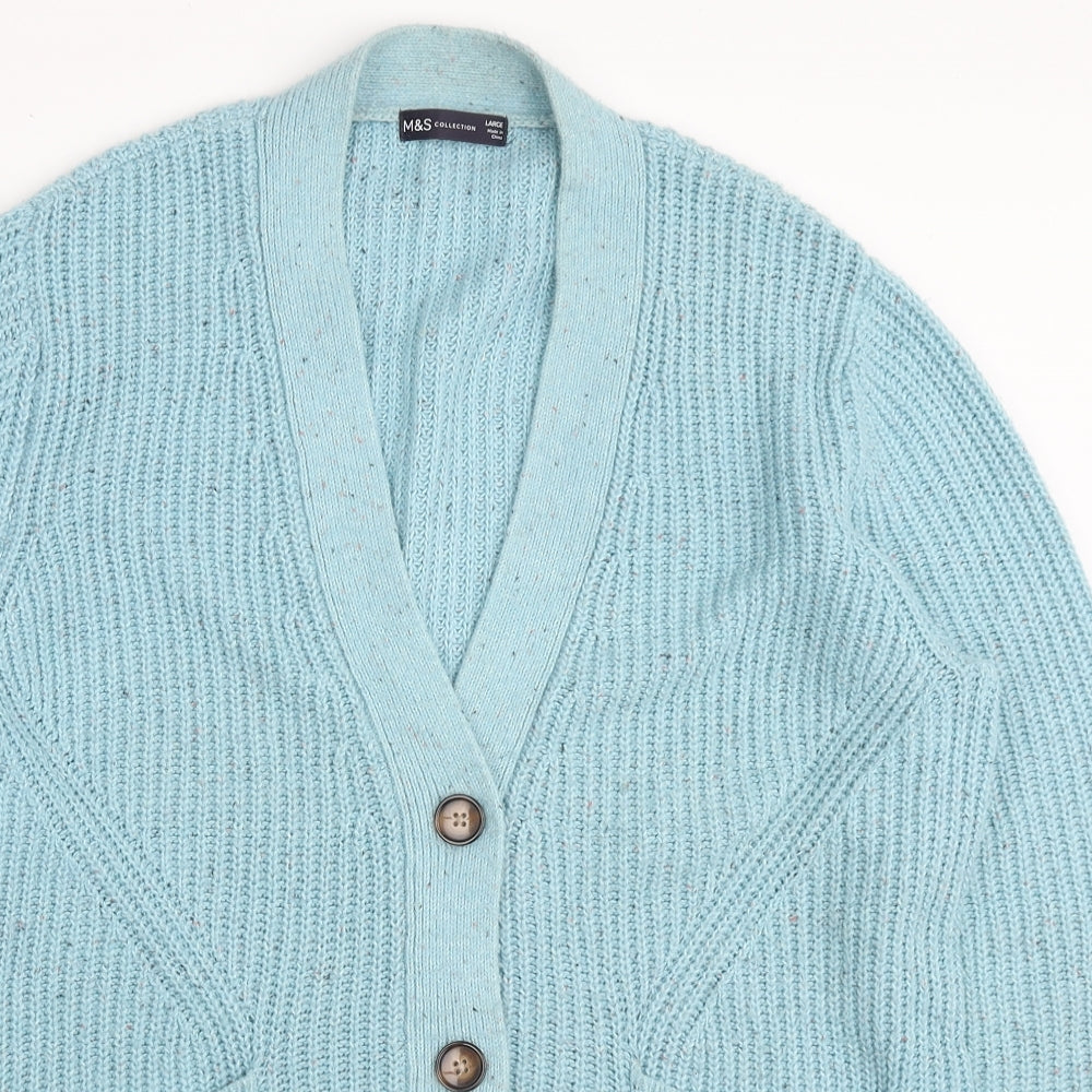 Marks and Spencer Womens Blue V-Neck Cotton Cardigan Jumper Size L - Pockets Button