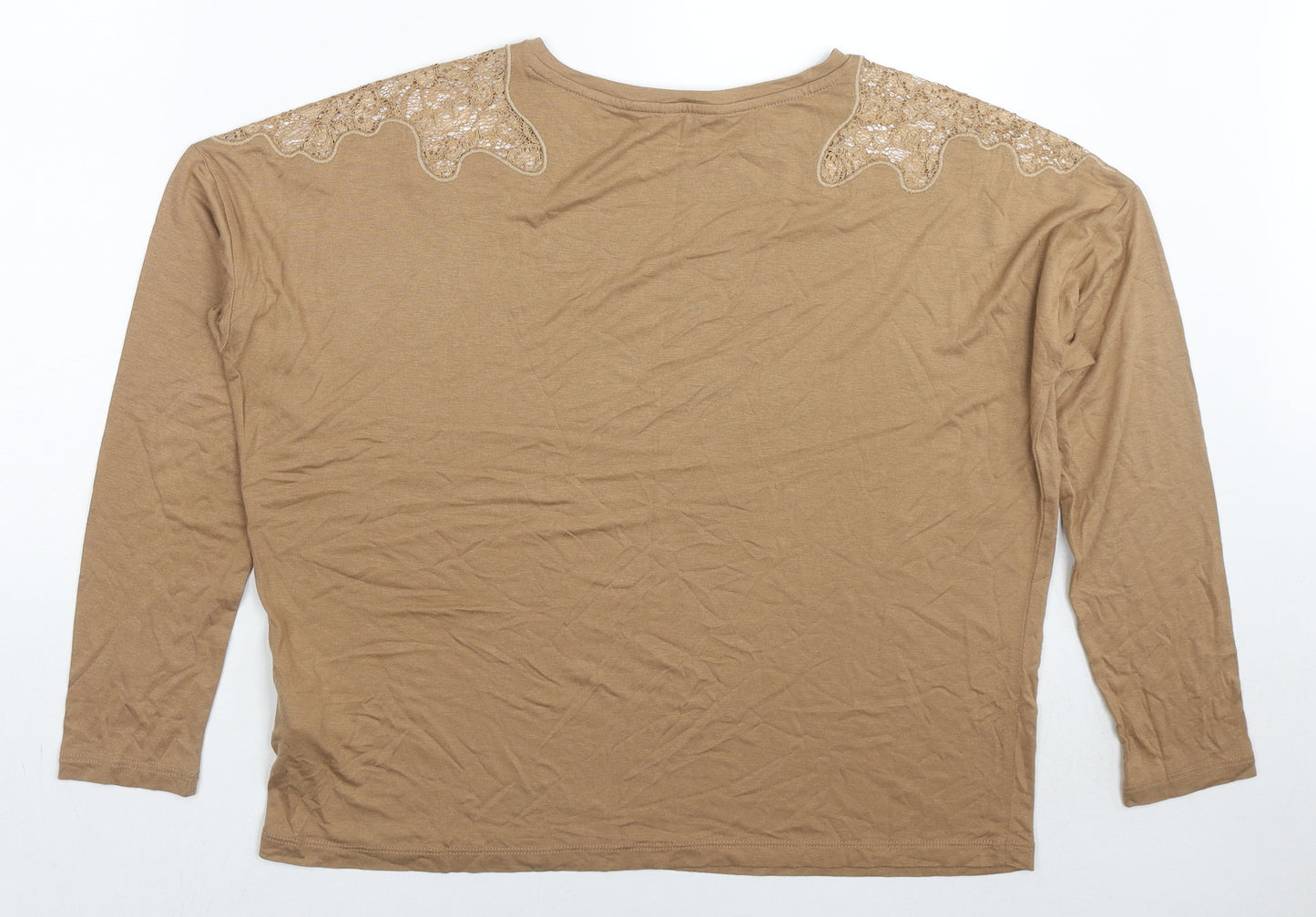Marks and Spencer Womens Brown Viscose Basic T-Shirt Size 14 Round Neck - Lace Detail
